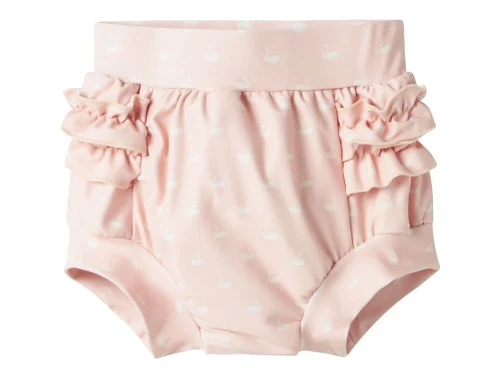 Rosa babybadebuks med print af små hvide svaner og flæser i siden fra Lil Atelier 132133575 peach whip